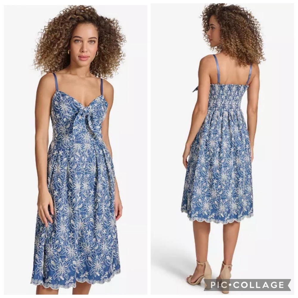 Kensie Knot Front‎ Embroidered Chambray Denim Midi Dress Blue 6
